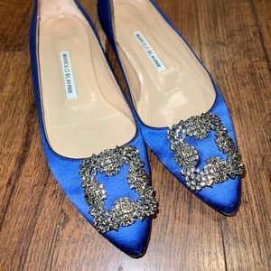 Manolo Blahnik Hangisi Crystal-Buckle Satin Flat